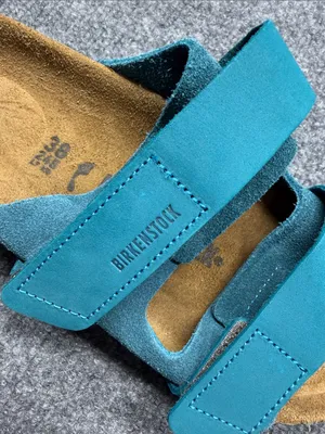 Birkenstock Double-Strap Nubuck-Suede Deep Turquoise Leather Slide Sandals thumbnail 7