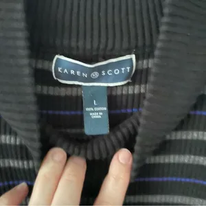 Karen Scott Charcoal Grey & Blue Stripe Mock Neck Sweater 100% cotton thumbnail 3