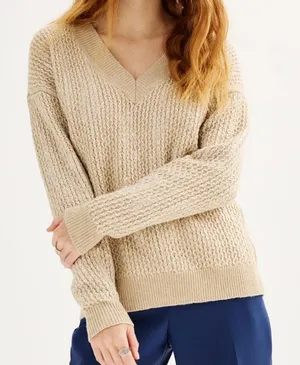 NWT Nine West Women's Knit V-Neck Sweater - Beige thumbnail 1