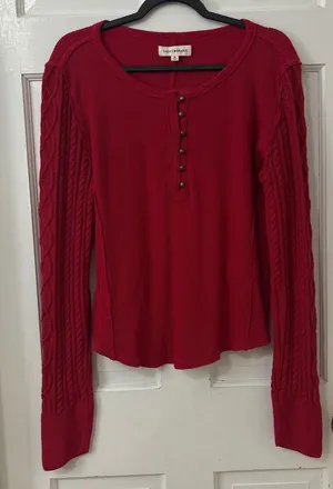 Lucky Brand Cable Knit Sleeve Thermal Henley Top M Red Cotton Boho Gorpcore Fall thumbnail 1