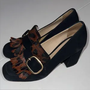 M. Gemi Lettura Block Heel buckled Fringe Loafer size 37 made in Italy leopard thumbnail 1