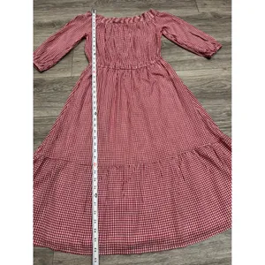 Old Navy Cotton Blend Dress S Red Gingham Smocked Off Shoulder Tiered Midi Dress thumbnail 8