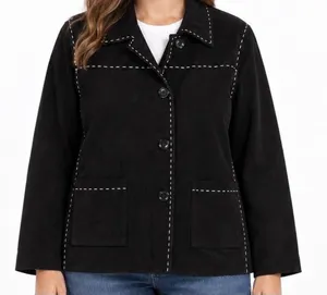 Denim & Co Black Suede Leather Whipstitch Button Front Jacket Coat Large L thumbnail 1
