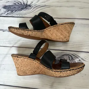 BORN Cork 3” Wedge Heel Strappy Slip-On Black Leather Sandals Sz‎ 10 Platform thumbnail 4
