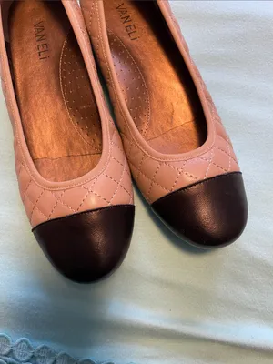 Vaneli Quilted tan or cream Ballet Flats with Black Cap Toe thumbnail 2