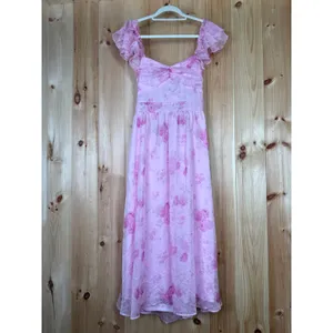NWT Lulus Loveliest Darling Light Pink Floral Ruffled Tie-Back Midi Dress Sz L thumbnail 2