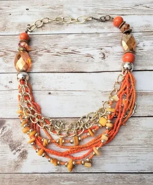 Vintage Necklace Orange & Gold Tone Multi Layer Statement Necklace thumbnail 1