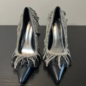 Azalea Wang Trystan Black Rhinestone Fringe Ruffle Pointed Toe Stiletto Pumps 11 thumbnail 2