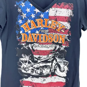 Harley Davidson Motorcycle American Flag Bling V-Neck T-shirt Laconia NH thumbnail 2