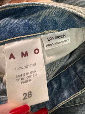 AMO Loverboy Indigo Adobe Ribbon Jeans 28 Cotton Raw Hem High Waisted thumbnail 8