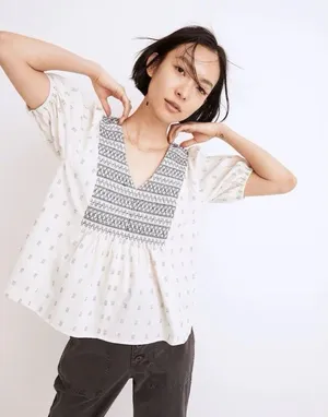 Madewell Embroidered Smocked V Neck Puff Sleeve Peasant Top Cream Navy XS thumbnail 1