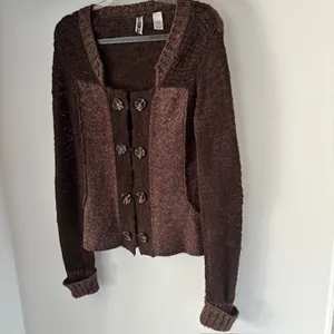 BKE Two Tone Brown Knit Long Sleeve Cardigan L Decorative Buttons Boho Western thumbnail 2