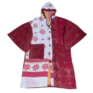 Unbranded Kantha Quilt Hooded Coat Patchwork Floral Toggle Jacket Red White OS thumbnail 2