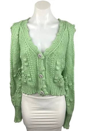 Sunday Up Green V Neck Popcorn Crochet Knit Button Down Cardigan Sweater Top S thumbnail 1
