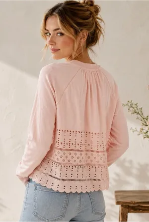 J.Crew Pink Eyelet Lace Back Sweatshirt Top Small Cottagecore Feminine thumbnail 1