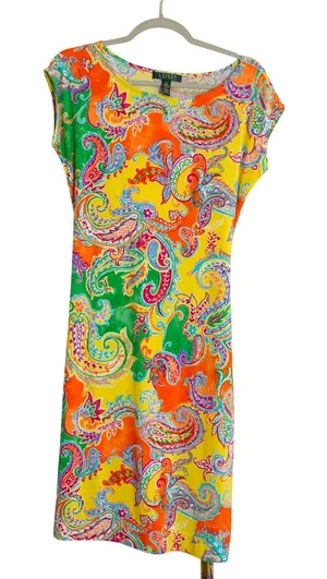 Lauren Ralph Lauren Small Sheath Dress Vibrant Yellow Paisley Print Tie Waist thumbnail 1