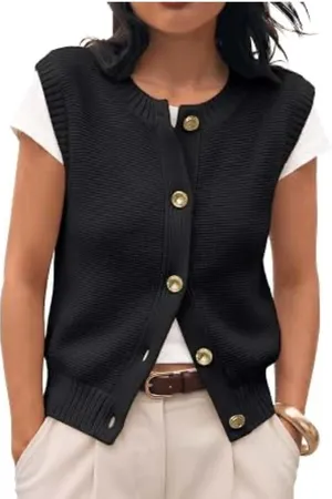 Trendy Queen Black Knit Button Down Sweater Vest Gold Buttons Preppy Medium thumbnail 1