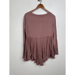 We The‎ Free Free People Mauve Ribbed Mixed Media Peplum Long Sleeve Top Medium thumbnail 2