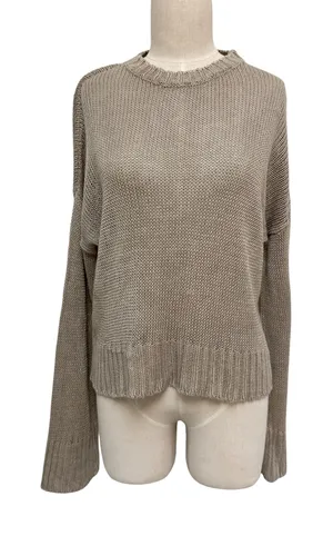 Jenni Kayne Cropped Linen Crewneck Summer Fall Sweater Natural Beige Small thumbnail 1
