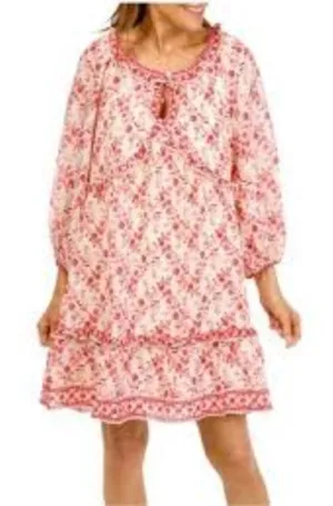 Max Studio Keyhole Long Sleeve Floral Tiered Mini Dress Pink White Small thumbnail 1
