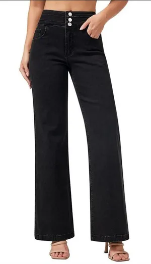 Roswear Women's Sz Medium Wide Leg High Waisted Jeans Black Three Button Stretch thumbnail 1