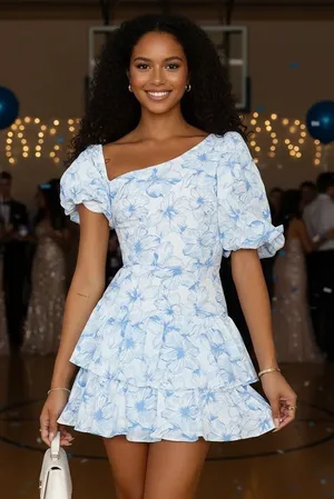 Hello Molly Blue Floral Tiered Ruffle Mini Dress Puff Sleeve Cotton Womens 6 M thumbnail 1