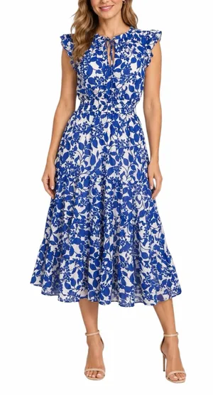 Sugar Lips Midi Dress Size M Floral Ruffle Smocked Tiered Blue White Tie Neck thumbnail 1