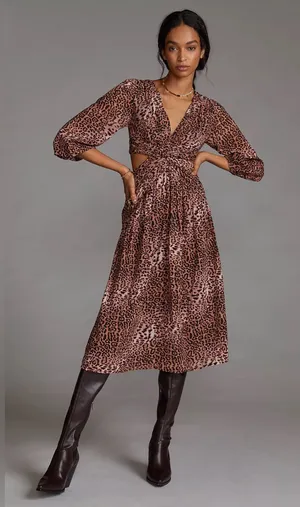 Anthropologie / Ranna Gill | Leopard Cut-Out Midi Dress, Small thumbnail 1