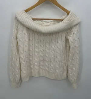 American Eagle Sweater Women Small Cream Fisherman‎ Off Shoulder Knit Boxy Crop thumbnail 1