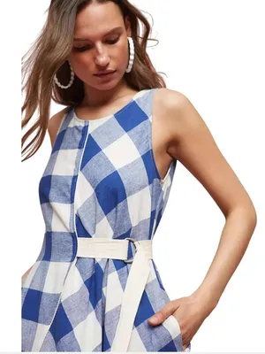 Maeve Anthro Blue White Checkered asymmetrical dress sleeveless Cotton Linen Sp thumbnail 4