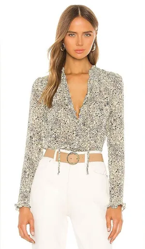 Free People Women’s Lela Floral Ruffle Sheer Blouse Ivory Combo Size S thumbnail 1