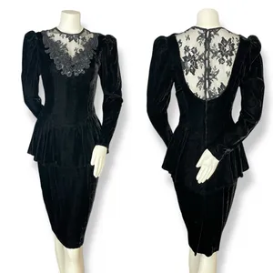Vintage Scott McClintock Velvet Dress Lace Sequins Peplum‎ 80s 90s Drama Formal thumbnail 2