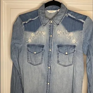 Sun & Shadow Embroidered Denim Shirt Pearl Snap Buttons XXS‎ thumbnail 1