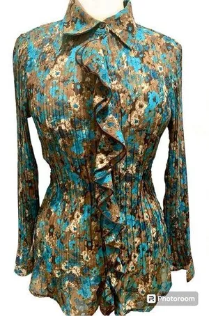 APT 9 Ruffled and Pleated Long Sleeve Blouse, Turquoise & Brown, Size M thumbnail 1