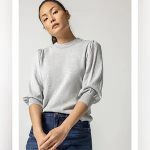 LILLA P rib trim puff sleeve‎ sweater in light blue sz XS thumbnail 6