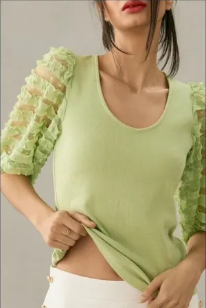 Anthropologie Dolan Puff Sleeved Blouse Size‎ Medium Green Polka Dot Ruffle Coquette Fairycore thumbnail 1