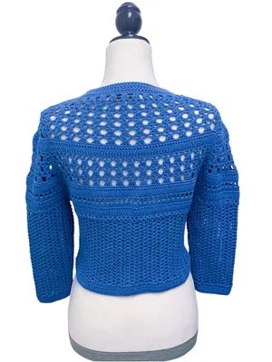 Amour Vert Blue Crochet Open Knit 3/4 Sleeve Cropped Cardigan Sweater Small thumbnail 5