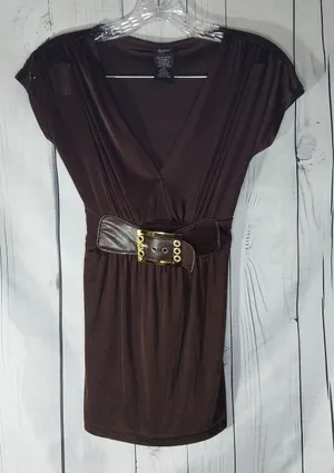 Anxiety Vintage Brown V-Neck Belted Cap Sleeve Y2K 90's Boho Chic Clubwear Top thumbnail 1