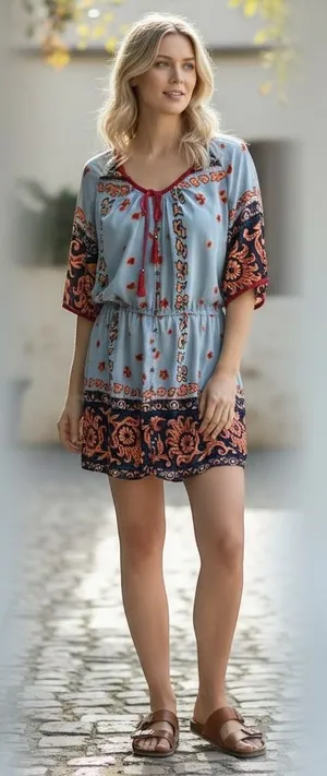 Plenty by Tracy Reese Silk Boho Paisley Mini Dress Blue Orange Tassel Size‎ M thumbnail 1
