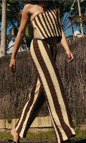 Free People Free-est Joan Fauxchet Crochet Top/Pants Set M Brown Stripe thumbnail 1