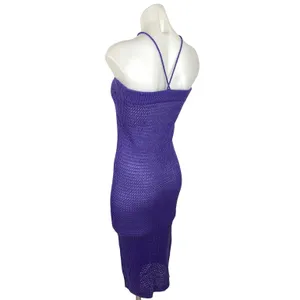 Womens Purple Open Knit Crochet Halter Bodycon Summer Swim Coverup Dress Size M thumbnail 3