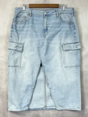 American Eagle Cargo Denim Skirt‎ Womens 16 Light Wash Stretch Front Slit Y2K thumbnail 1