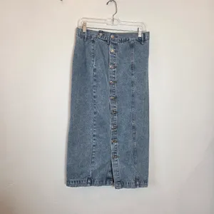 SheIn Denim Maxi Skirt Offset Buttons Medium Wash Casual Modest Clean Girl Country M thumbnail 2