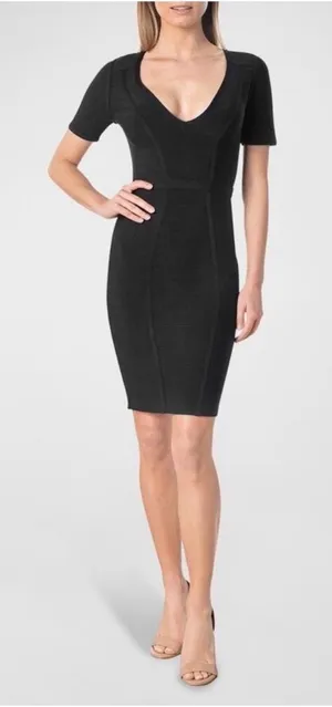 Dress The Population NEW! Black Koa Bandage Bodycon V-Neck Short Sleeve Dress L thumbnail 1