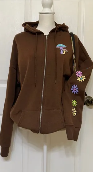 2000s style whimsical brown graphic oversized zip up hoodie w mushroom graphic thumbnail 1