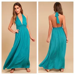 Lulus Unforgettable Night Maxi Dress XS Teal Blue Satin Halter Open Back Beach thumbnail 2