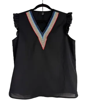 SHEIN Black Ruffle Sleeve V-Neck Blouse Multi Color‎ Crochet Trim Top Large thumbnail 1