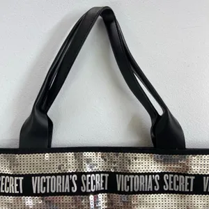 Victoria's Secret black‎ silver sequin striped large tote bag purse zip lined thumbnail 3