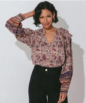 Cleobella Samara Bishop Sleeve Printed Cotton Blouse M thumbnail 1
