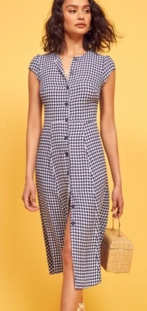 Reformation Fauna Blue Plaid Gingham Button Front Midi Dress Size 0 thumbnail 1